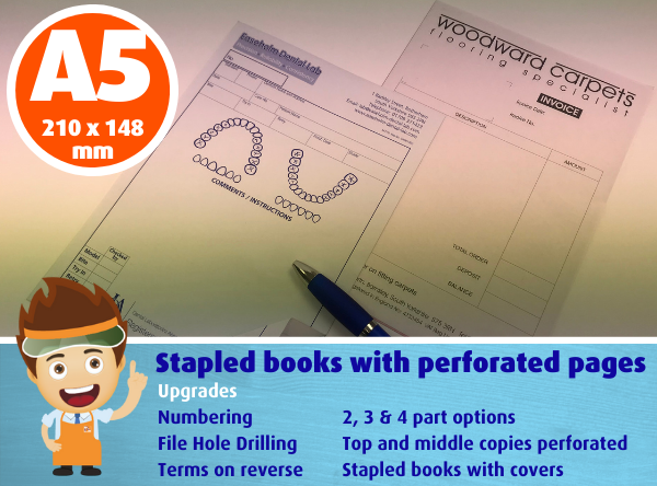 A5 size - Carbonless Forms - Stapled books with perforated pages